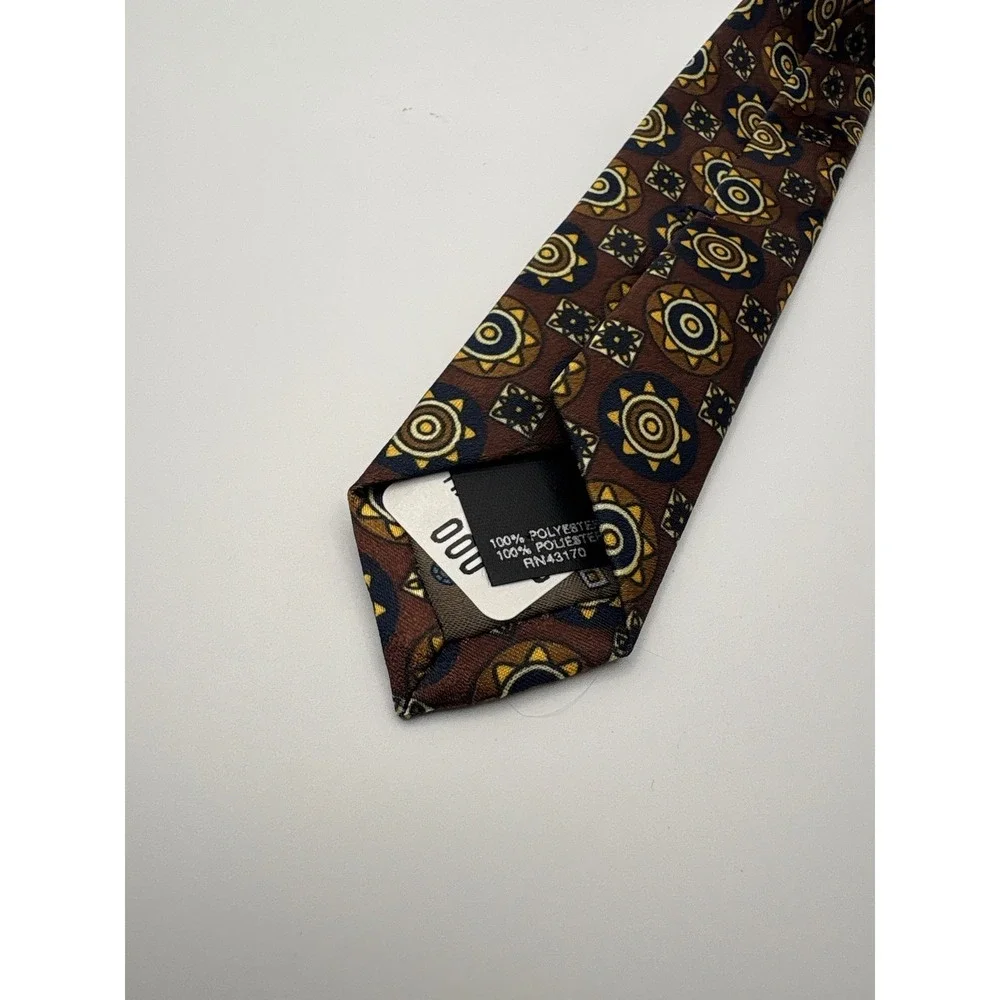 Manhattan Wash n Wear Mens Tie Brown Gold Navy Geometric Medallion Polyester